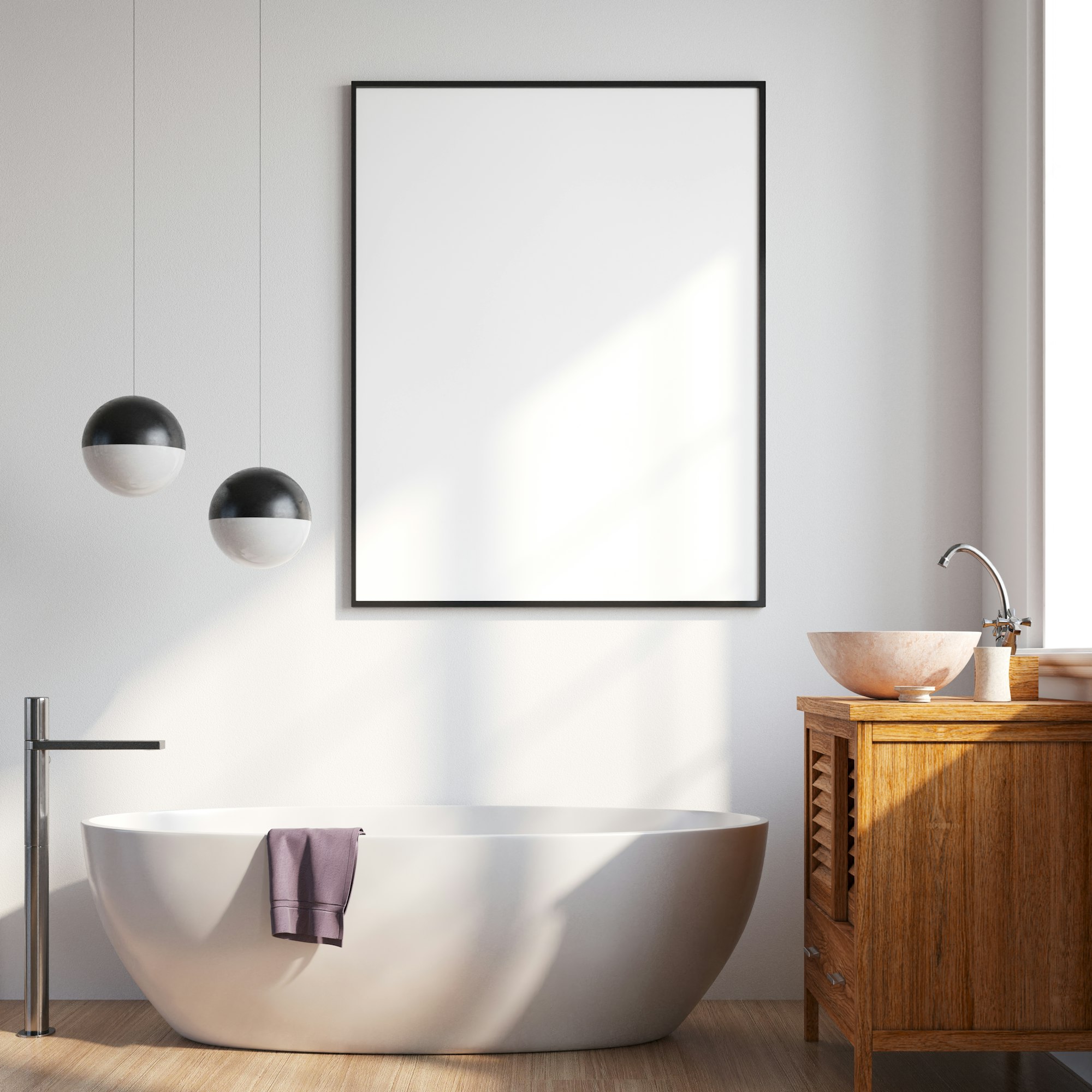 3D Modern interior of bathroom with mockup poster frame